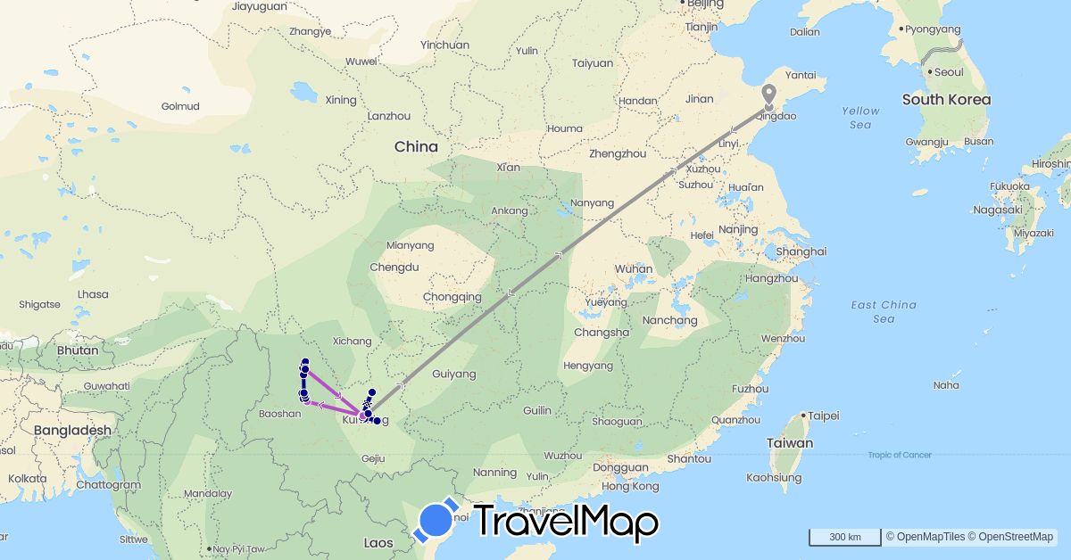 TravelMap itinerary: driving, plane, train, hiking in China (Asia)